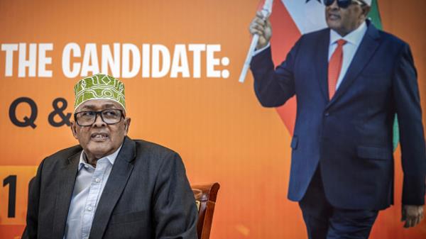 Wadani party presidential candidate Abdirahman Mohamed Abdullahi, also known as Irro, looks on while attending a press co<em></em>nference on November 10, 2024. (Photo by LUIS TATO/AFP via Getty Images)